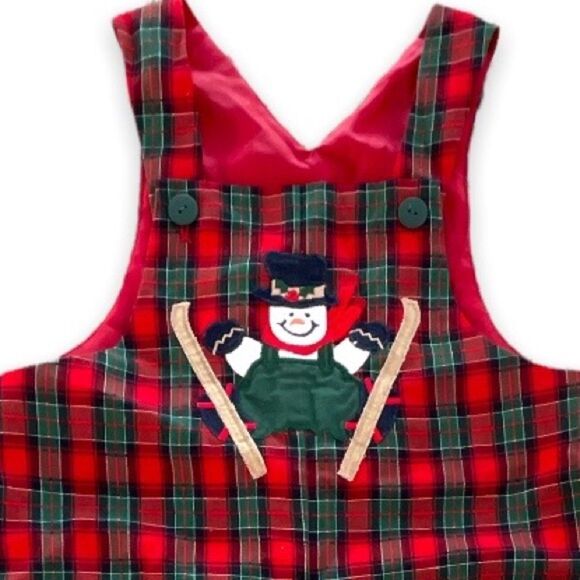 Red & Green Plaid One Piece Romper w/Appliquéd Snowman Top Buttons Bottom Snaps - Picture 3 of 3